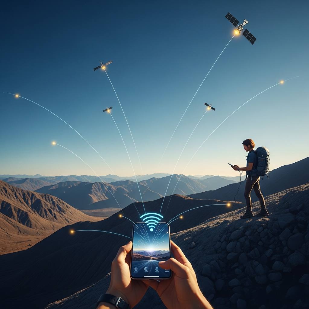A high-end, photorealistic editorial photograph depicting a smartphone user in a remote, natural landscape (e.g., mountains or a desert) with satellite signals connecting to their device from the sky, symbolizing direct-to-device satellite connectivity. The image should convey a sense of seamless, ubiquitous connection, with a clear sky and visible satellites or satellite-like light trails. The smartphone should be subtly integrated into the scene, not as the main focus, but as a key element of connectivity.
