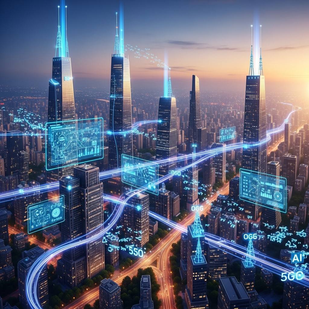 Futuristic city with data flowing between interconnected devices, 5G towers, AI interfaces, and IoT sensors, representing the intelligent edge in telecommunications transformation. Emphasize connectivity and smart technology.