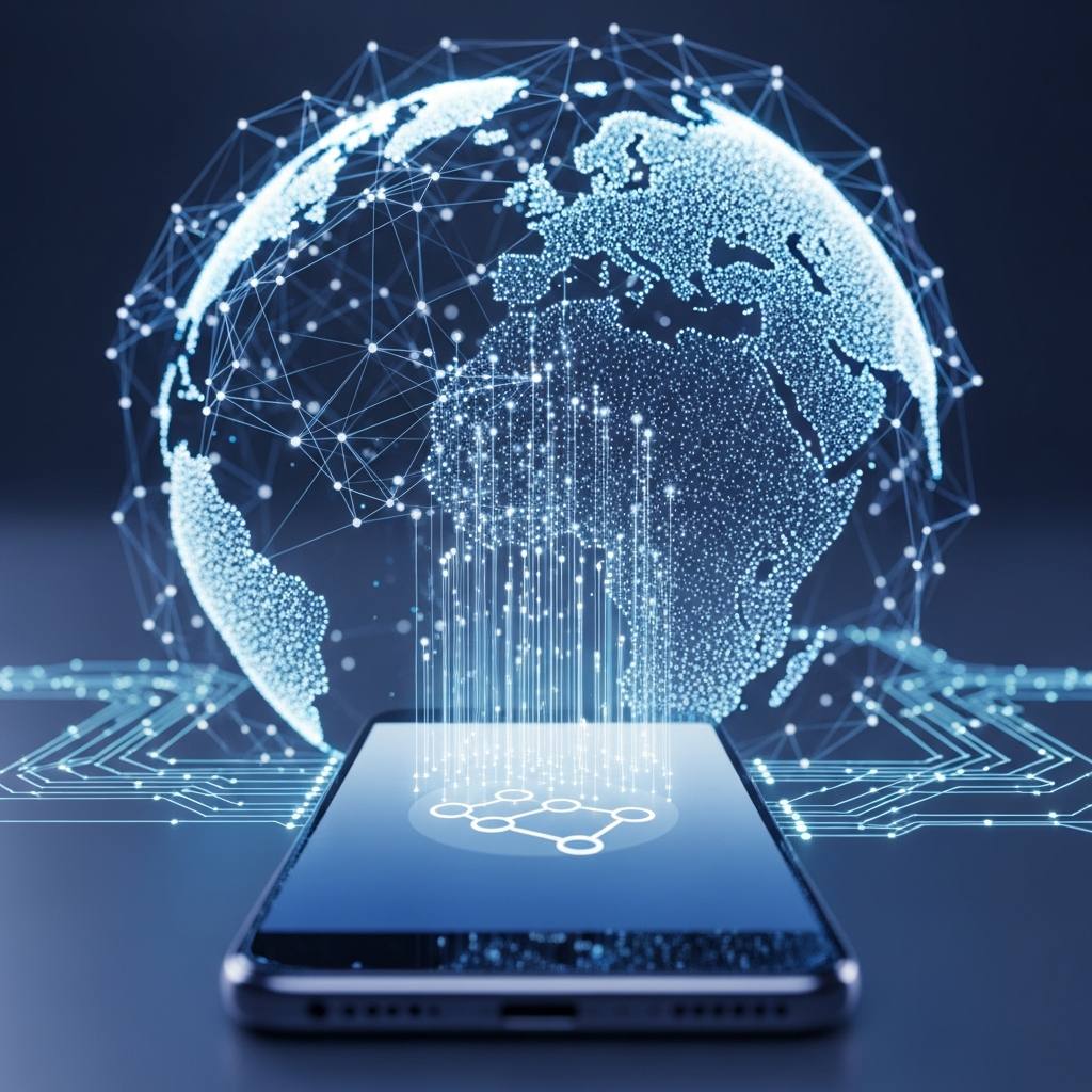 Digital illustration of a smartphone connecting to a global network via eSIM technology