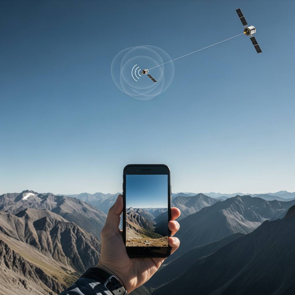 A smartphone in a remote mountain landscape, connected to a satellite