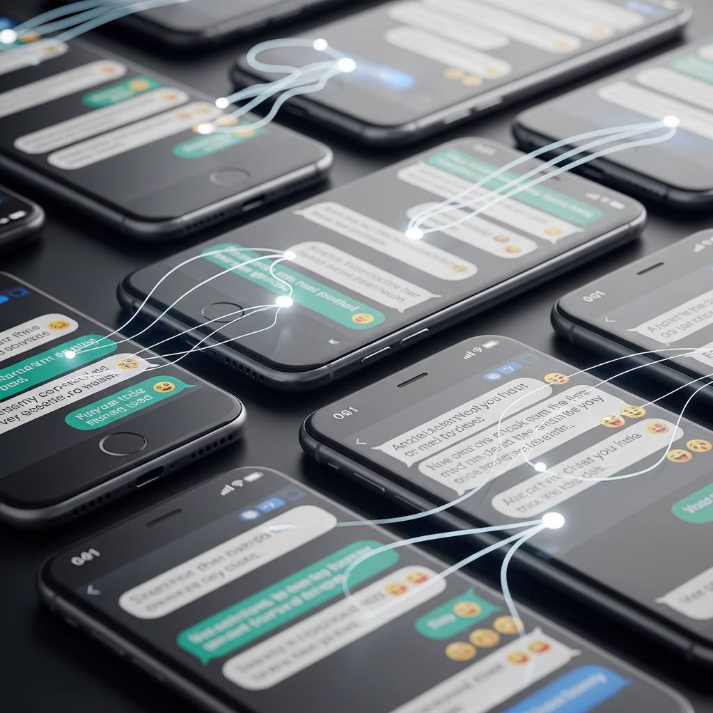 A high-end, photorealistic editorial photograph depicting a seamless, unified mobile messaging experience, with diverse smartphones displaying a single, continuous chat thread, symbolizing the end of green and blue bubble divisions, with subtle futuristic digital interface elements.