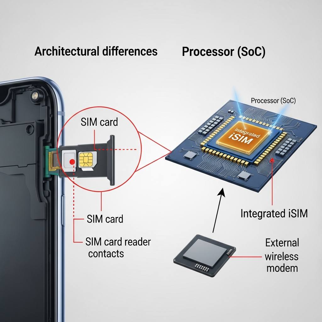 A diagram illustrating the architectural difference between a physical SIM tray and an integrated iSIM within a processor
